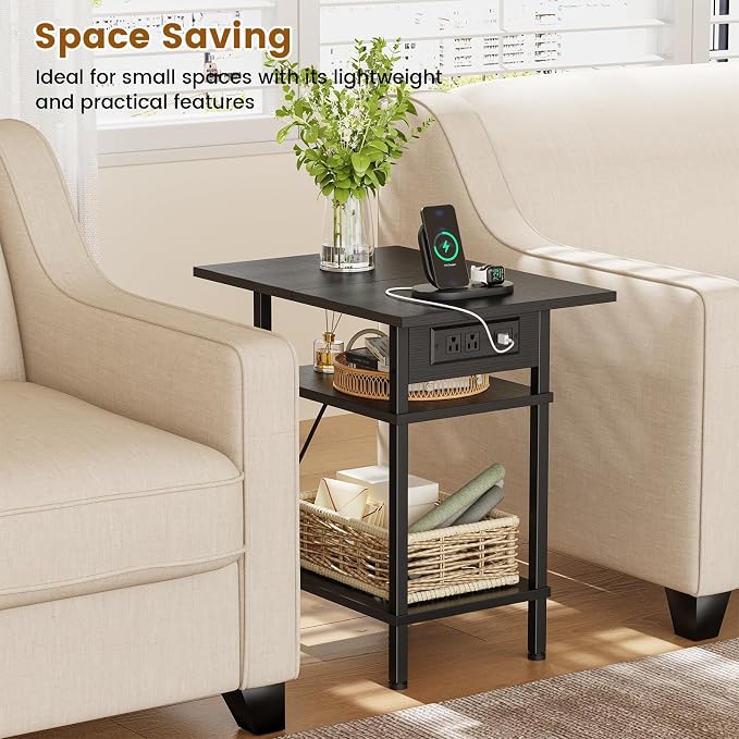 Asgolion Side Table with Charging Station, Skinny Nightstand with USB Ports and - Image 4