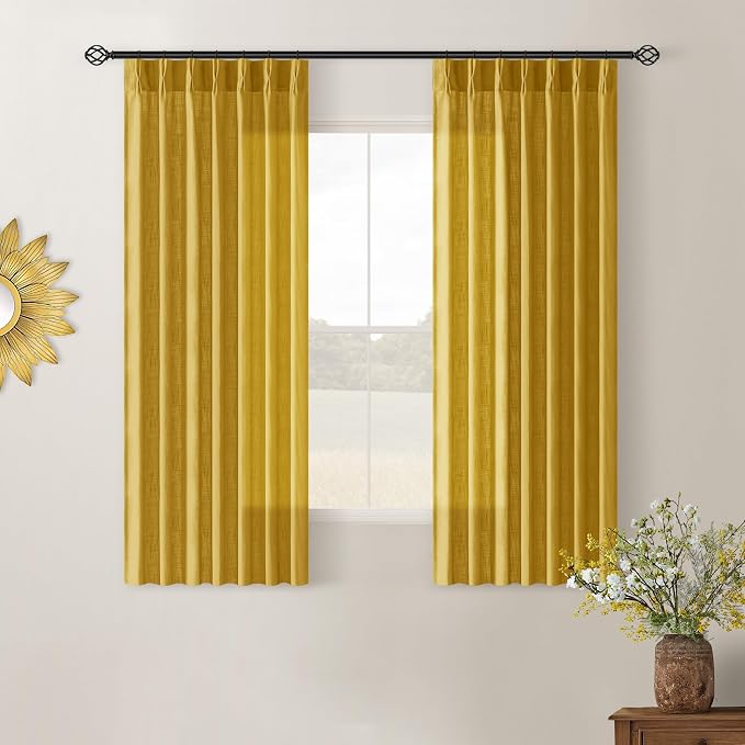 Mustard Yellow Pinch Pleated Linen Sheer Curtains 45 Inch Length 2 Panels | by Twodrapes