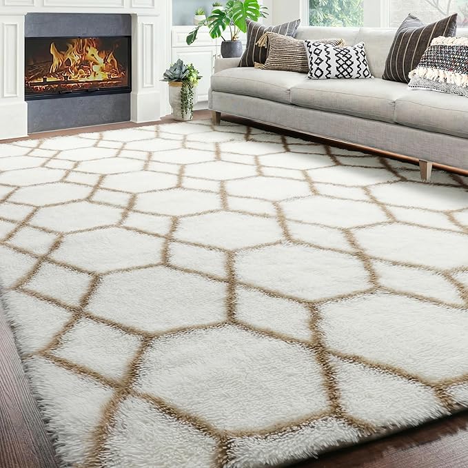 8x10 Area Rugs for Living Room, Fluffy White and Beige Bedroom Modern Rug | - Image 5