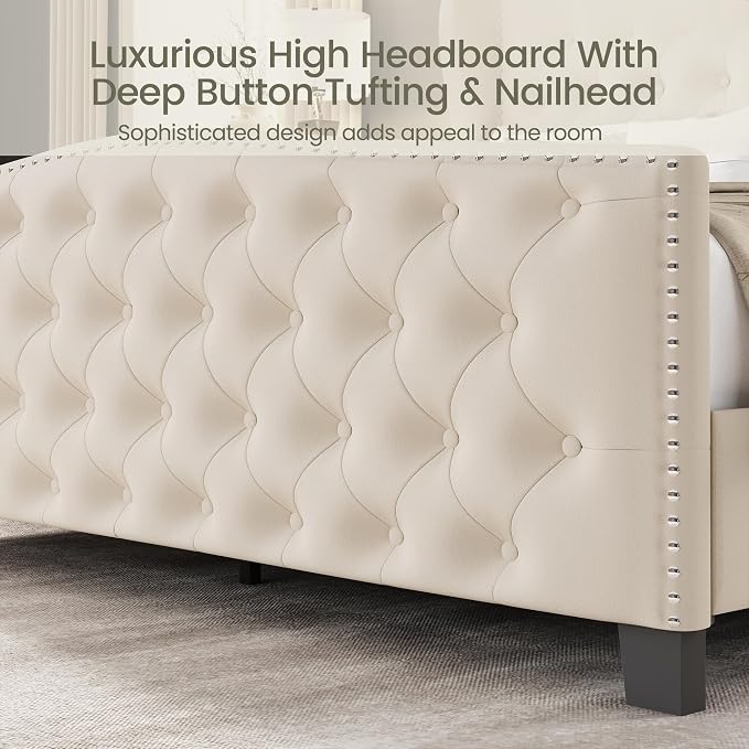 LARMACE Queen Size Bed Frame Velvet Upholstered Platform Bed - Image 5