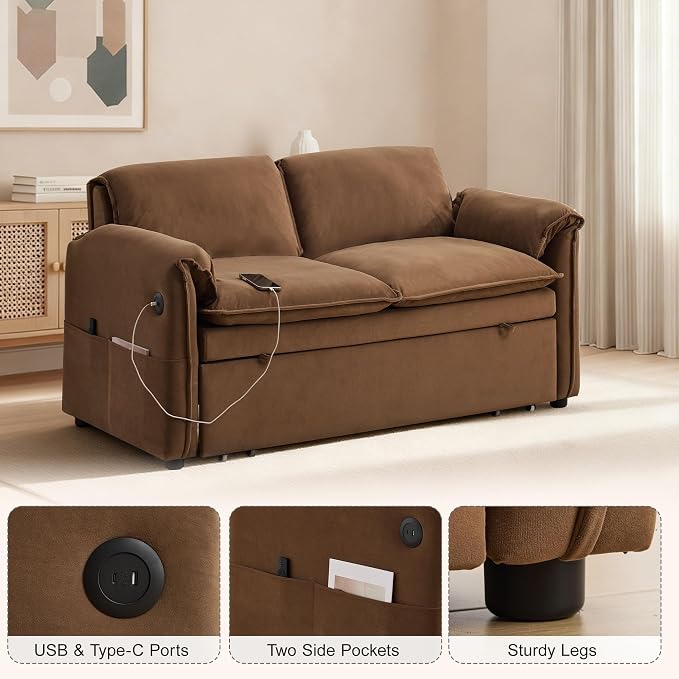 63" Velvet 3 in 1 Convertible Sleeper Sofa Bed, Pull Out Couch Bed Loveseat - Image 3
