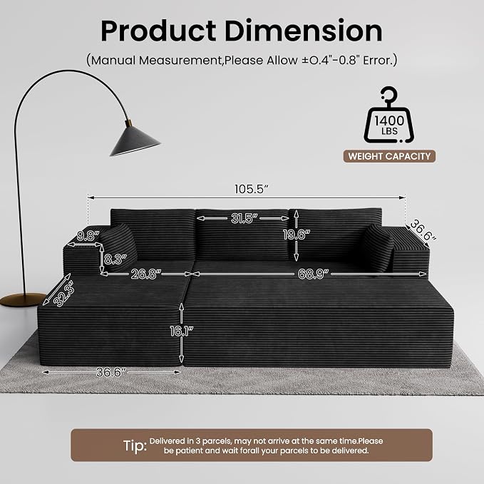 GRUSIGN 106" Oversized Sectional Boneless Sleeper Sofa Bed Couches - Image 2
