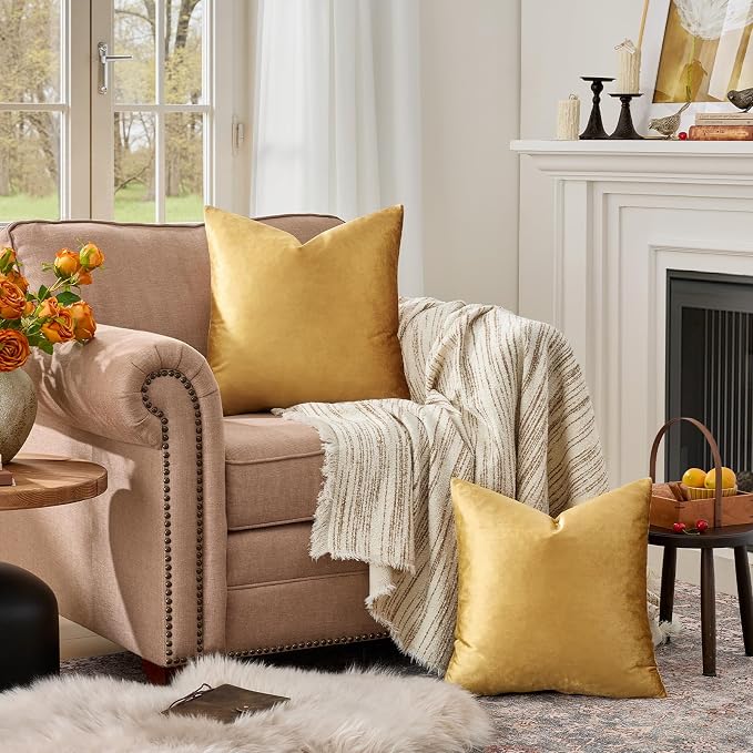 GIGIZAZA Golden Throw Pillow Covers 22x22 Decorative Velvet Cushion Covers Pack - Image 3