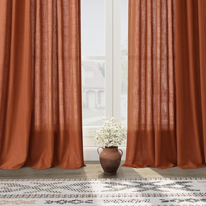 Rustic Farmhouse Linen Curtains 96 Inches Long 2 Panel Set Back Tab Terracotta - Image 5