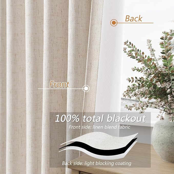 100% Blackout Linen Curtains 86 Inch Length 2 Panels Set - Image 3