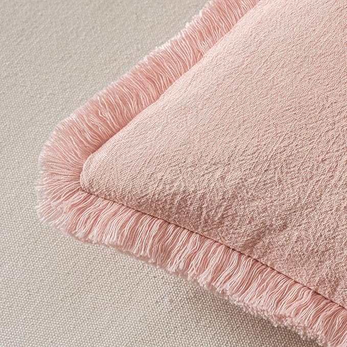 MIULEE Boho Linen Fringe Decorative Throw Pillow Covers Pink 20x20 | Set of 2 - Image 3