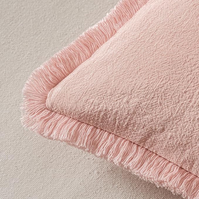 MIULEE Boho Linen Fringe Decorative Throw Pillow Covers Pink 18x18 | Set of 2 - Image 3