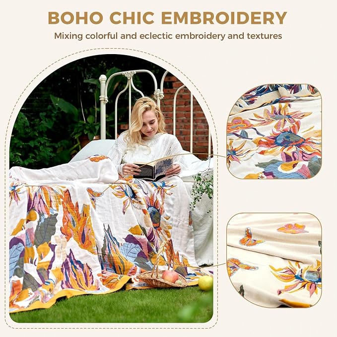 LUTBM King Throw Blanket for Bed 100% Cotton Boho Soft Rustic Quilt Butterfly - Image 3