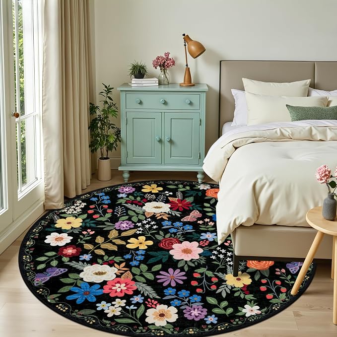 PLHXFR Round Area Rug Living Room: 8 ft Floral Washable Soft Carpet Black | - Image 2