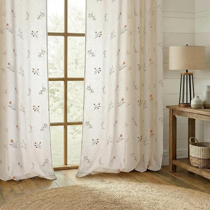 Floral Embroidered Light Filtering Curtains 96 Inch 2 Panels | Linen Blend - Image 2