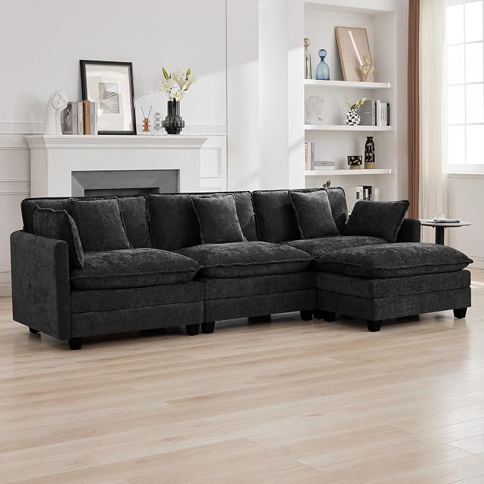 111'' Sectional Cloud Deep Seat Couch, Modern Comfy Chenille L Shaped Sectional by WUTUTUEE