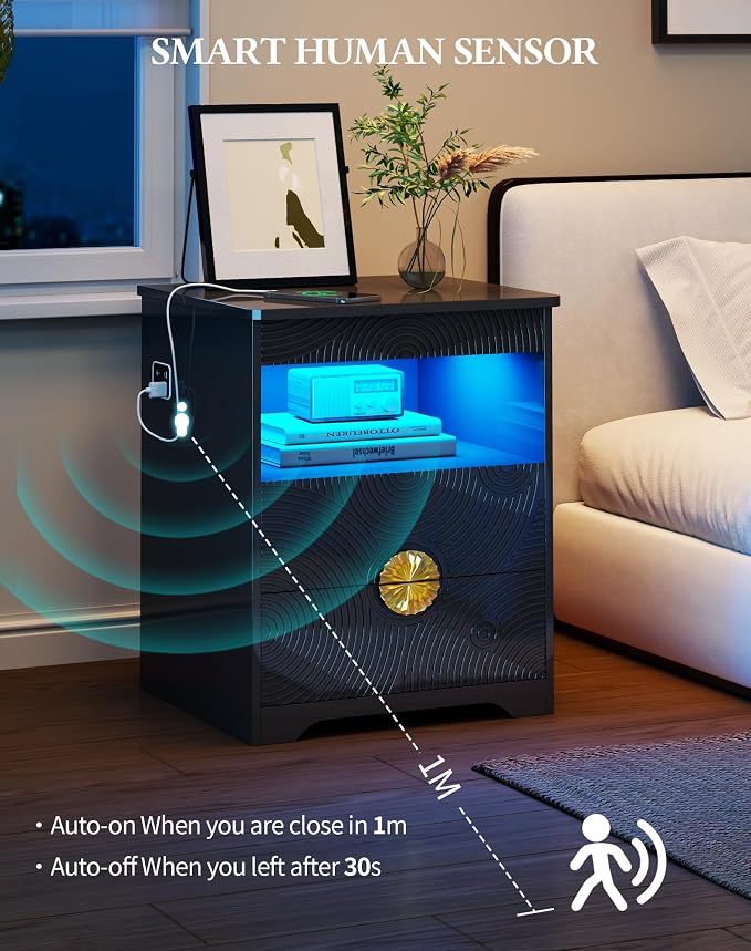 Modern Nightstand Set 2 with Gun Drawer, Bedside Table with 3-Color LED Lights - Image 6