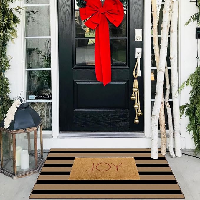 Front Door Mat Indoor Outside Entrance 2x3 Black Tan Striped Rug | Non-Slip - Image 7