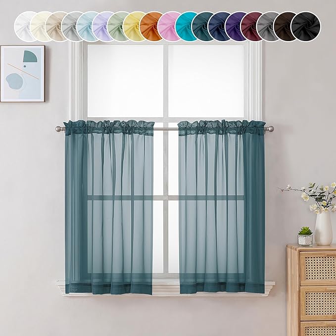 Chyhomenyc Sheer Stone Blue Tier Curtains 24 Inch Length, Small Window Curtains by Chyhomenyc