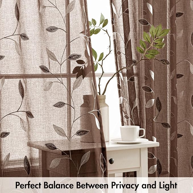 MIULEE Chocolate Brown Sheer Curtains 2 Panels Leaf Patterned, W52 x L96 | - Image 5