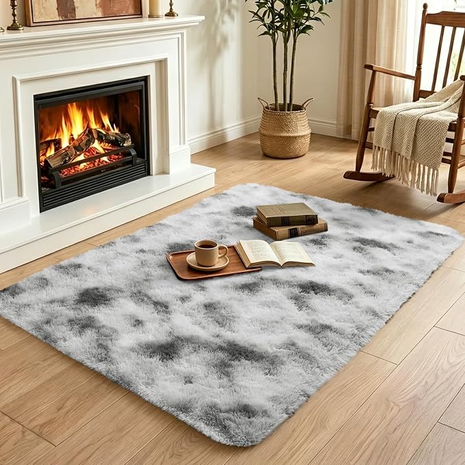 3x5 Tie-Dyed Grey and White Fluffy Area Rug Non-Slip - Image 4