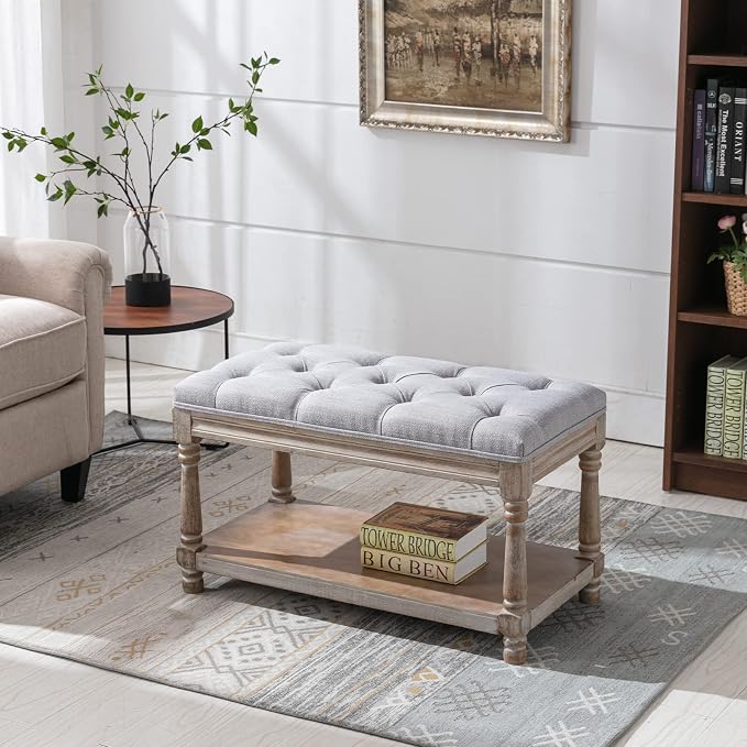 Farmhouse Storage Bench Wooden Entryway Linen Upholstered Ottoman Button Tufted - Image 5