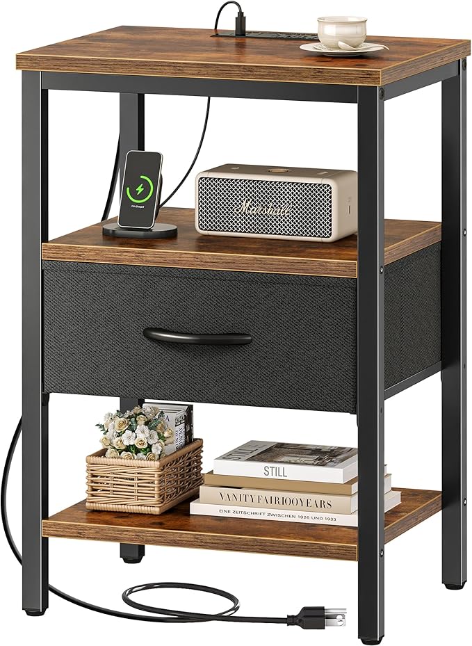SUPERJARE Nightstand with Charging Station, Bed Side Table with Adjustable by SUPERJARE