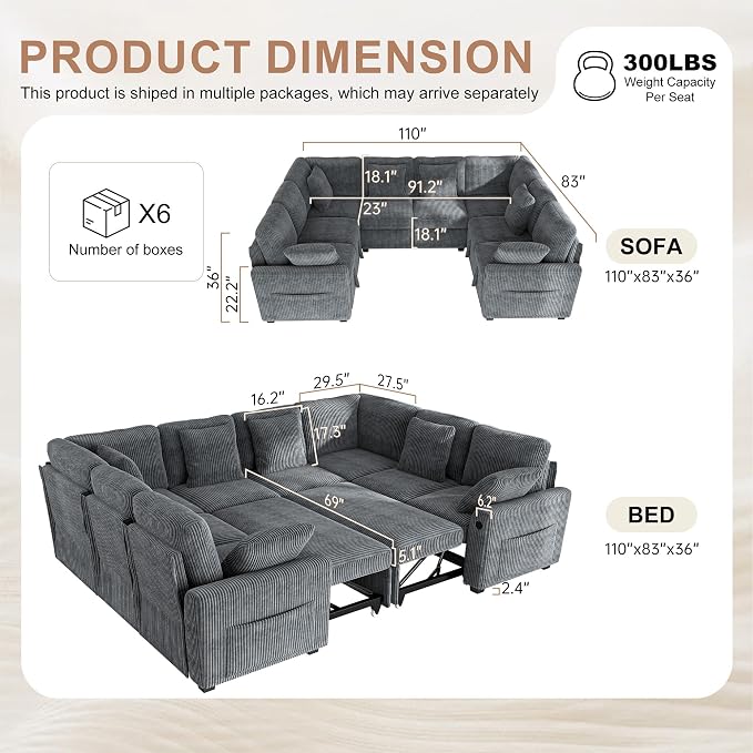 Hanherry Sectional Sofa with Pull Out Couch Bed, 8 Seat Corduroy Sleeper Sofa - Image 2