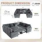 Hanherry Sectional Sofa with Pull Out Couch Bed, 8 Seat Corduroy Sleeper Sofa - Image 2