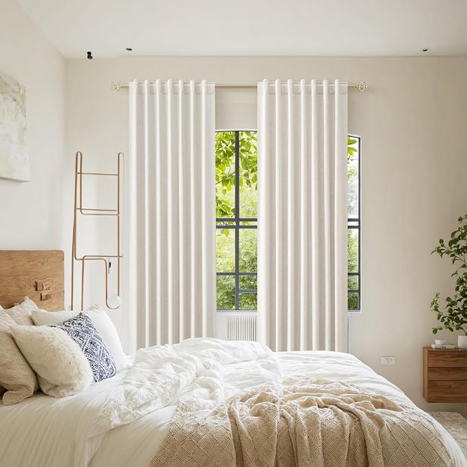 Beige White 100% Blackout Linen Curtains 112 Inch Length 2 Panels Set - Image 8