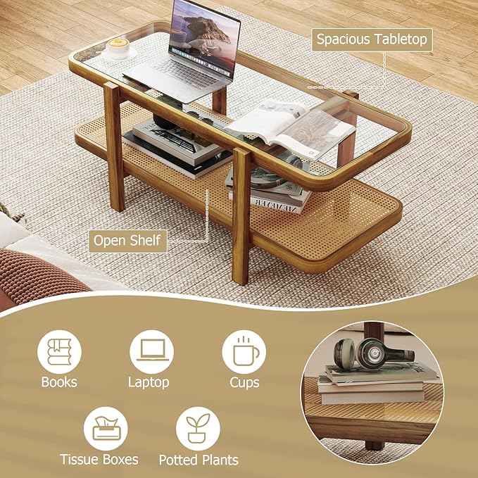 Giantex Rattan Coffee Table, 47.5" Rectangle Solid Wood Tea Table w/Tempered - Image 6