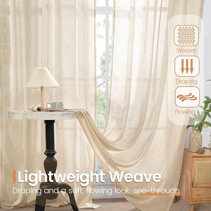 BGment Tan Linen Curtains 45 Inch Length 2 Panels, Burlap Semi Sheer Drapes | - Image 4