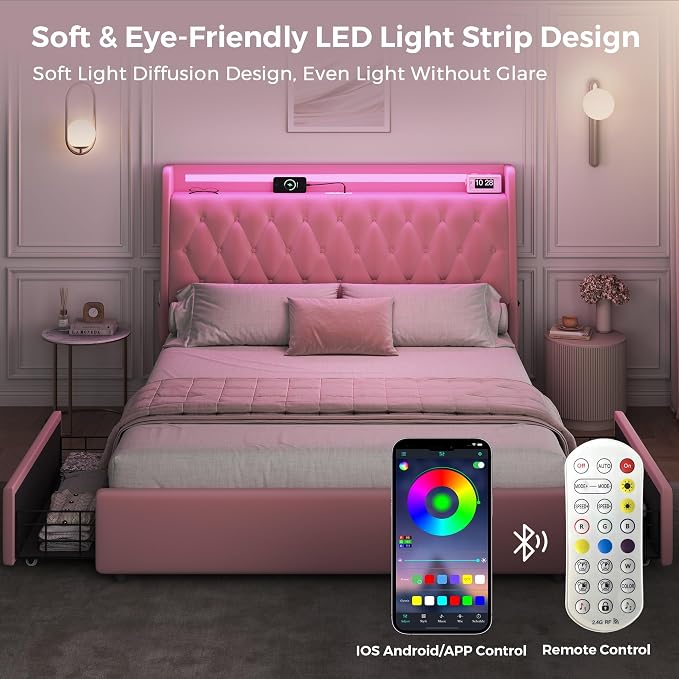 Queen LED Velvet Bed Frame - Image 3