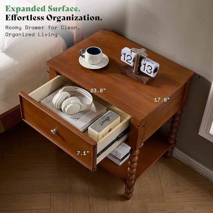 AMERLIFE 24" Wooden Nightstand, Vintage Bedside Table - Image 4