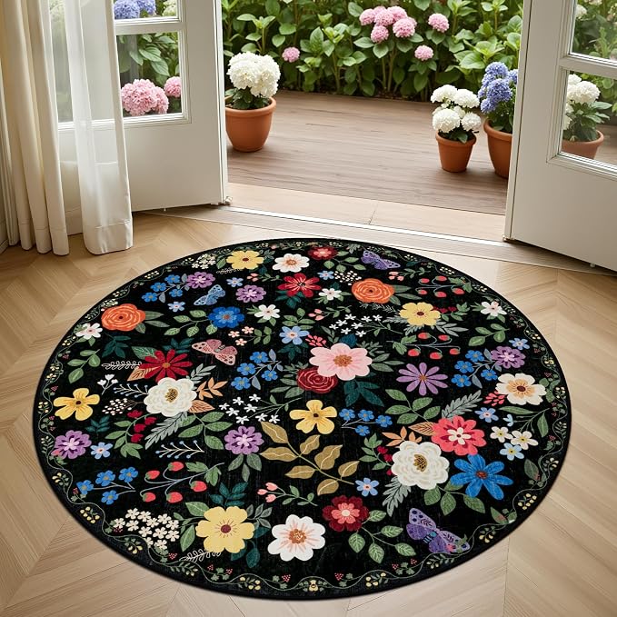 PLHXFR Round Area Rug Living Room: 4 ft Floral Washable Soft Carpet Black | - Image 2