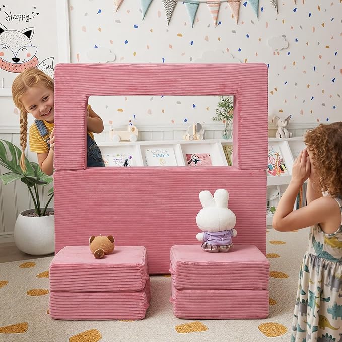 MeMoreCool Pink Corduroy Kids Play Couch, Modular Toddler Couch - Image 2