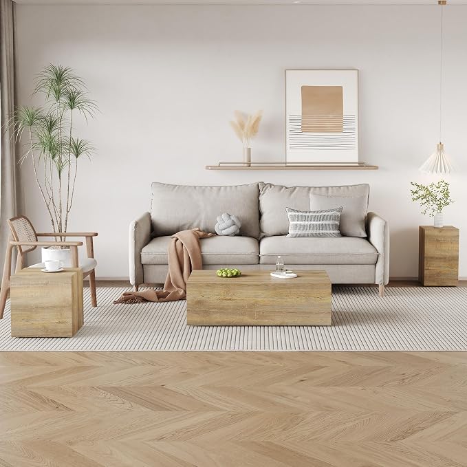 Coffee Table Set for 3, Living Room Table Set, Wood Coffee Table and Side Table - Image 3