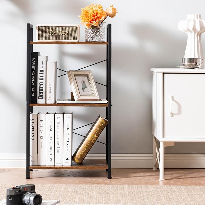 HCHQHS Small Bookshelf, Adjustable 3-Tier Industrial Bookcase, Rustic Open Book - Image 9