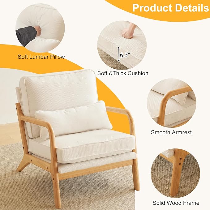 Bonnlo Coarse Linen Beige Mid Century Modern Accent Chair, Soild Wood Padding - Image 3