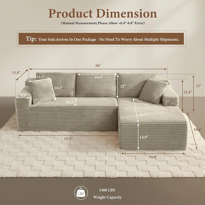 96" Sectional Couches for Living Room Cloud Couch Sofa - Image 2