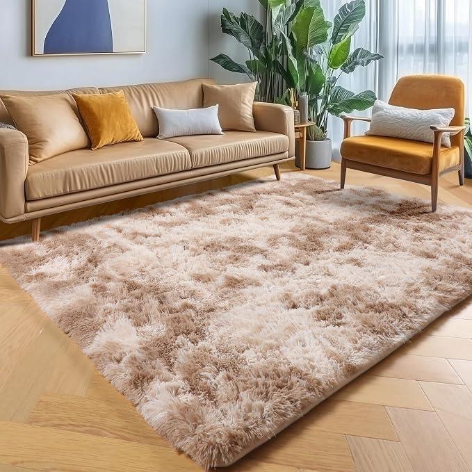 Area Rugs for Bedroom Living Room, Fluffy Tie-Dye Beige 4x6 Indoor Bedside by ONASAR