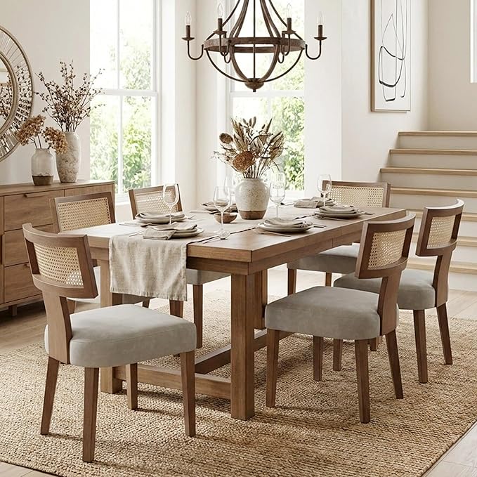 HNY Mid Century Modern Rattan Dining Chairs Set of 6, Farmhouse PU Leather by HNY