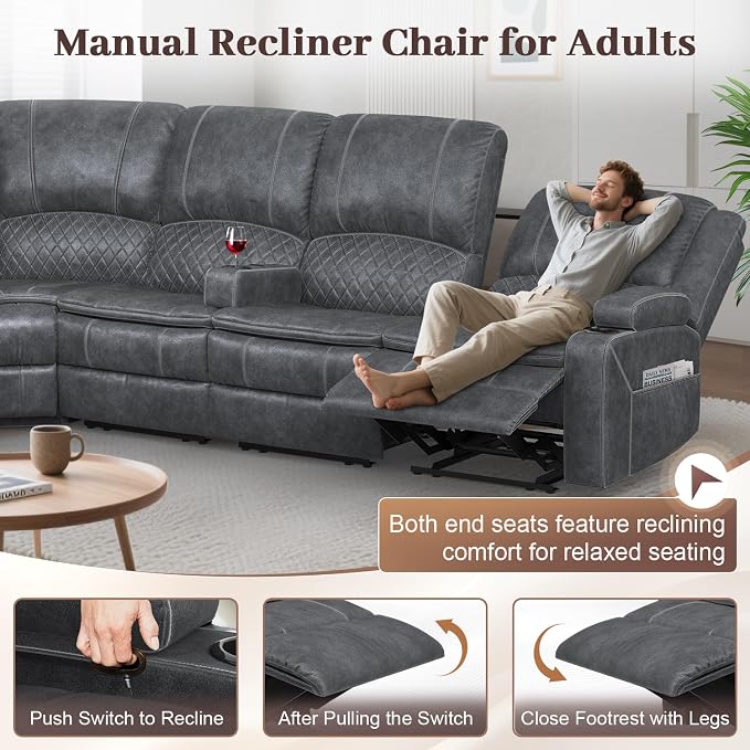 Yolsali Manual Reclining Sectional Sofa Set, 5 Seats 1+1+3 Dutch Velvet - Image 4