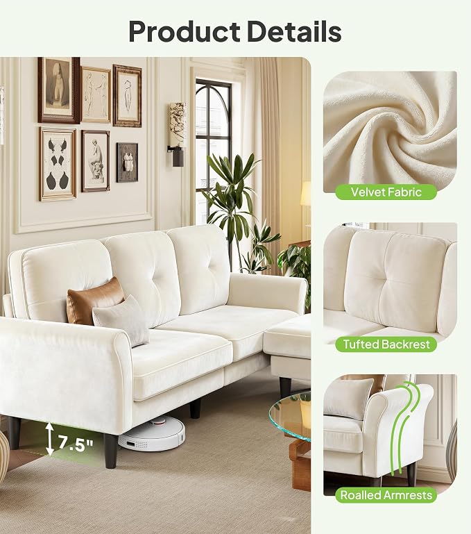 Welzona Sofas for Living Room, Midcentury Modern Small Sectional Couch - Image 8
