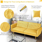 70” Velvet Futon Sofa Bed w/Adjustable Armrests & 2 Pillows, Convertible Futon - Image 4