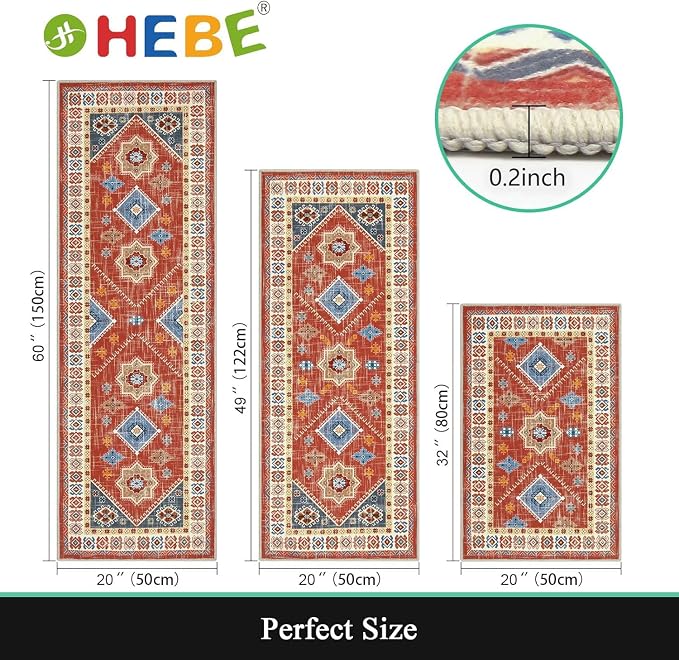 HEBE Boho Kitchen Rugs Set of 3, Non Slip Washable Kitchen Mats - Image 2
