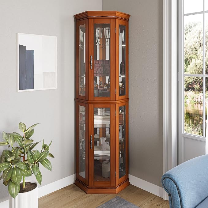 BELLEZE Lighted 3-Side Glass Display Curio Cabinet w/Tempered Glass Doors and - Image 3