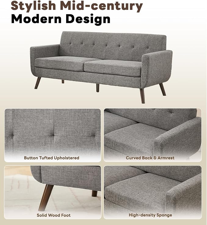 Tbfit 77.2" W Linen Sofa Couch, Mid Century Modern Decor Loveseat Couches - Image 8