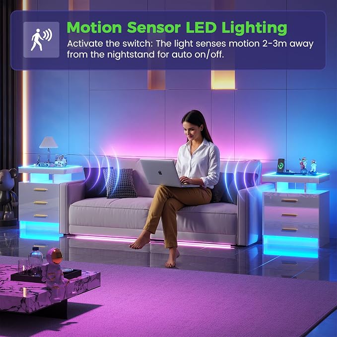 HNEBC LED Nightstand with Charging Station, Smart Bedside Table with Motion - Image 4