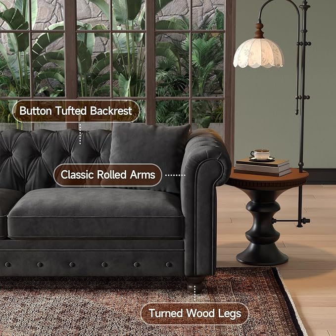 ONBRILL 82 Inch Chesterfield Sofa, 23 Inch Deep Seat Velvet Couch - Image 4