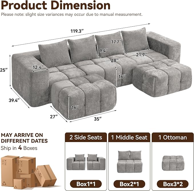 119" Boneless U-Shaped Sofa Couch - Image 2