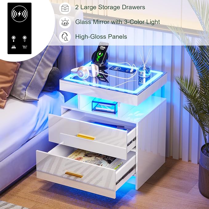 HNEBC Auto LED Nightstand Set of 2, High Gloss Bedside Table has 2 Drawers - Image 8