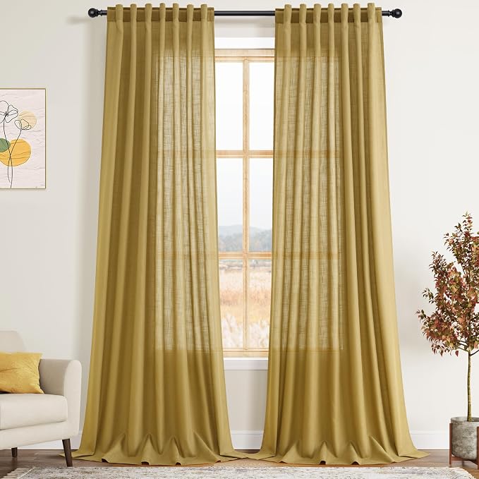 Gold Linen Curtains 102 Inches Long Rod Pocket Back Tab Drapes 2 Panels Set by Nanspring