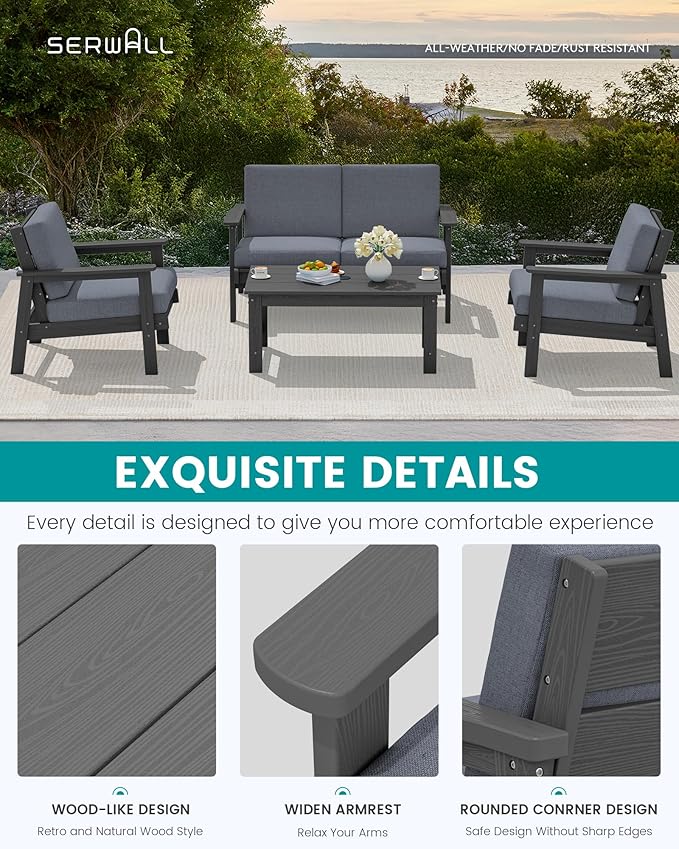 SERWALL HDPE Outdoor Furniture Set, 7 Piece All Weather Wood-Like Outdoor Sofa - Image 4