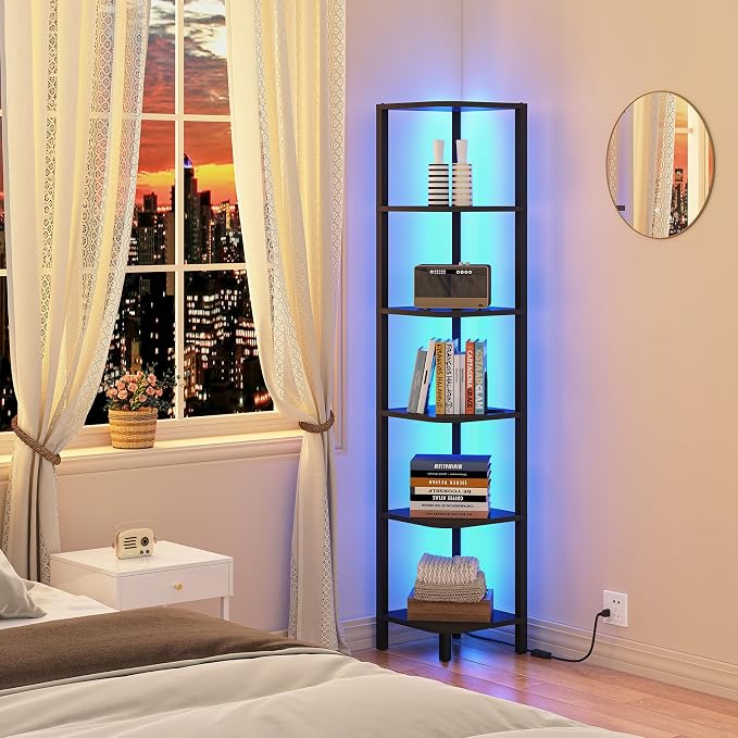 TUTOTAK Corner Shelf with LED Light, 6-Tier Corner Bookshelf by ChoosetutotakFurnitureBuildYourCozyHome